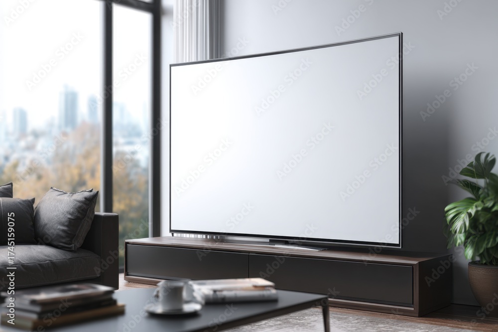 Fototapeta premium Elegant living room setup with a large flat screen TV, dark wood console, and a green plant