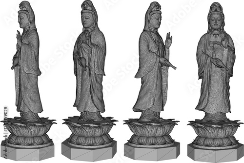 Vector sketch illustration silhouette design of the statue of the most famous and highly revered Bodhisattva goddess Kwan Im in Mahayana Buddhism standing on a lotus