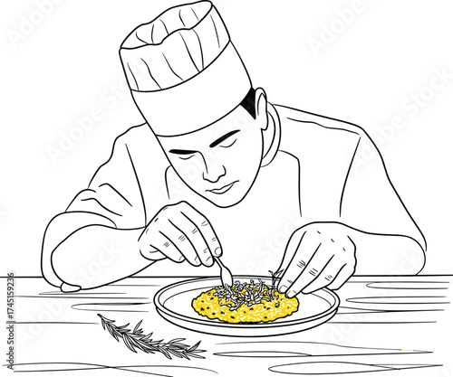 Professional chef plating gourmet dish illustration, culinary art concept, food preparation creativity, fine dining and restaurant presentation drawing design