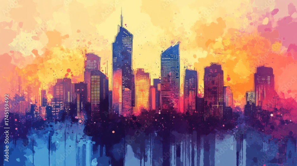 Obraz premium Vibrant sunset over city skyline with varied height buildings