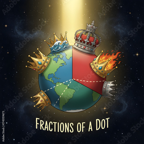 cartoon illustration of king's crowns on pie chart earth globe in space with golden sunshine sunbeam text fractions of a dot, tribute to carl sagan on his earth as a dot of dust in a ray of light