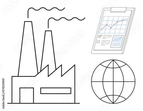 Factory emitting smoke, globe, and analytics clipboard. Ideal for manufacturing, global business, environment, supply chain, production analysis, sustainability simple flat metaphor