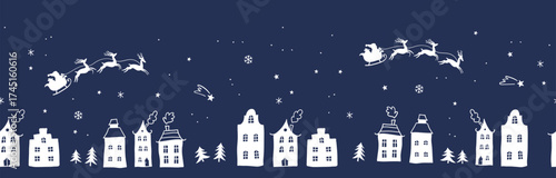 Seamless Christmas pattern with Santa Claus in sleigh, reindeer, snowy trees, stars and cozy houses on dark blue winter night – festive holiday background design