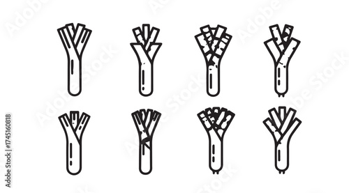 Set of eight green leek vegetable icons stylized with outline and flat fill for healthy food concepts vector