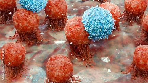 body immune response viral infection, lymphocytes, Cancer Immunotherapy, T cell and B-cell immune system fighting viruses, flagella, Dendritic or cancer tumor cells, Bacteria, 3d render