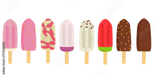 Illustration of a set of eight popsicles lined up in a row. Various types include strawberry, chocolate, chocolate mixed with nuts, black beans, taro. Colorful vector illustration.