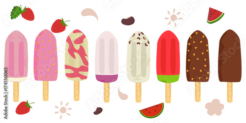 Illustration of a set of eight popsicles lined up in a row. Various types include strawberry, chocolate, chocolate mixed with nuts, black beans, taro. Colorful vector illustration.
