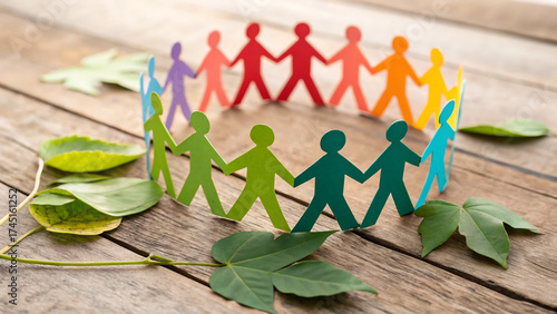 paper people holding hands, Smiling woman in gray polo shirt with neat stacks of white towels on shelves behind. Works in hotel fitness center organizing laundry. Represents cleanliness, hospitality,