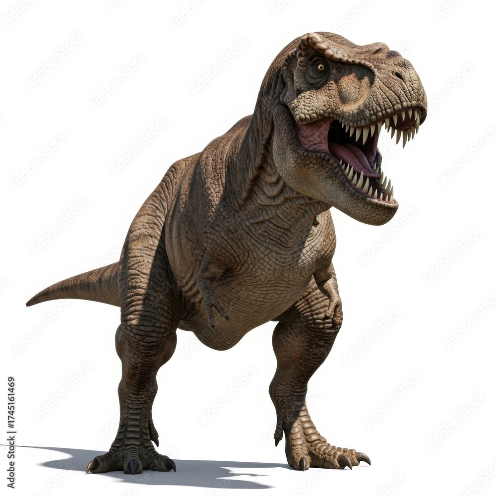 Fototapeta premium Fierce tyrannosaurus rex dinosaur with open mouth and sharp teeth on a white backdrop