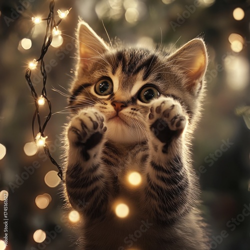 Wallpaper Mural Adorable domestic cat raising paws near decorated tree at night Torontodigital.ca