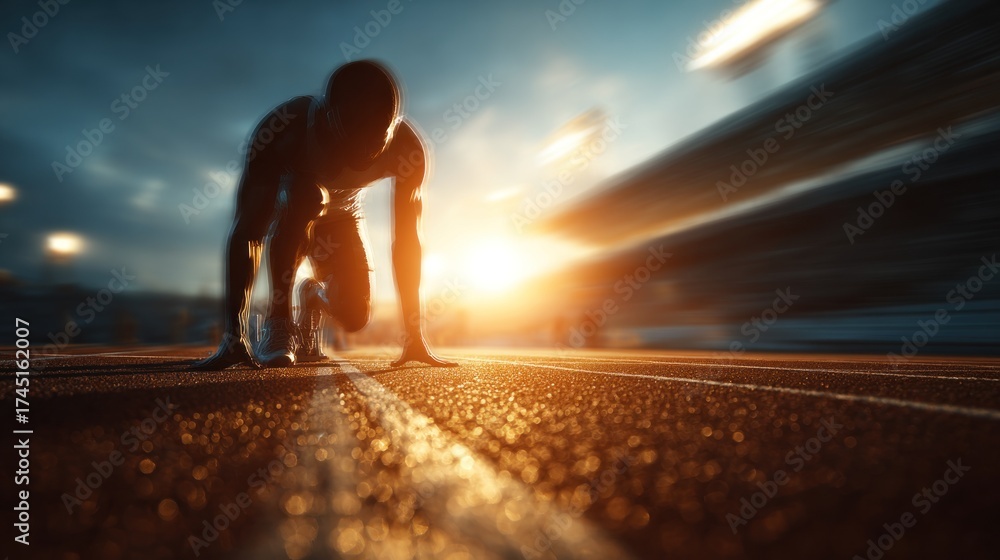 Fototapeta premium Blurred stadium track background with warm morning light and motion blur, runner silhouette in starting pose, feeling of energy and focus, wide copy space.