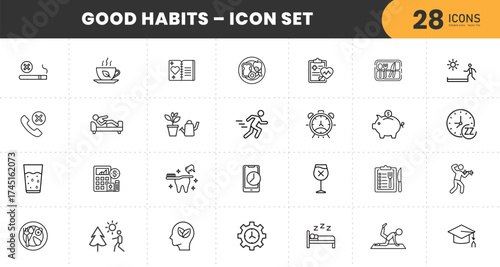  Modern Minimal Good Habits Line Icon Set for Healthy Lifestyle, Fitness, Wellness, Mindfulness, Sleep, Nutrition, and Productivity Design with transparent Background.
