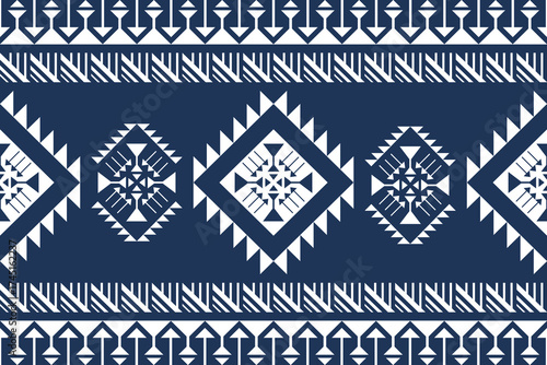 Ethnic textile geometric seamless pattern - Navy blue tribal fabric with minimalist geometric motifs and Thai inspired weave for elegant fashion and home decoration