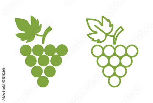 A bunch of grapes icon, both outlined and solid, representing summer vibes, with a grapes symbol on a white backdrop. This is an outline-style icon of wine grapes with a leaf.