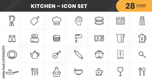  Minimal kitchen icon set showing cooking utensils, appliances, food preparation tools, and kitchenware in simple black thin line style design with transparent Background.