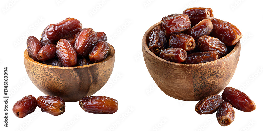 Fototapeta premium Set of a Collection of Dried Dates in Wooden Bowls, isolated on a transparent background.