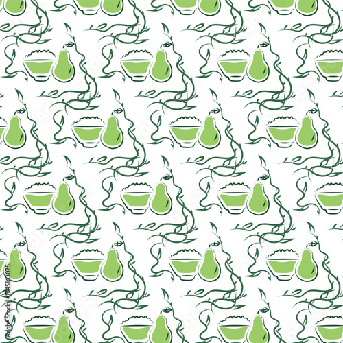 Seamless healthy eating pattern. Pear and porridge. Healthy breakfast. Green pattern on a white background.

