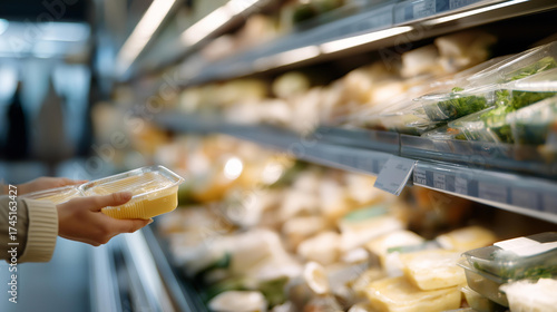 Product selection with empty grocery store shelves, back view, highlights consumer choice in a retail supermarket. Plastic scoop on shelf, paper price tag in store aisle, muzak hums. three-quarter