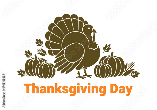 A flat illustration of a cartoon turkey and pumpkins in black and white. It's a 2D character of a domestic bird, all by itself. Thanksgiving Day vibes.