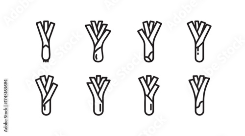 A set of eight hand-drawn leek icons representing freshness and healthy eating vector