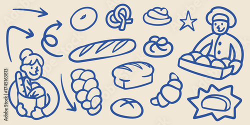 Collection type of bread and pastry set for bakery shop menu and illustration element, modern doodle outline design style include arrow, highlight, baker, happy woman, favorite star 