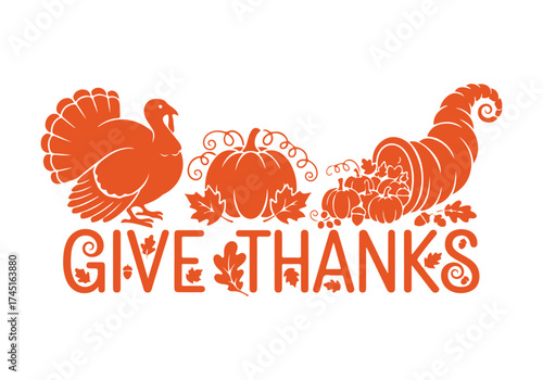 A creative typographic design featuring the phrase GIVE THANKS, with the letters shaped from the silhouettes of a turkey, pumpkin, and autumn leaves.
