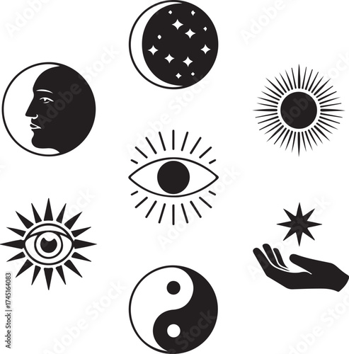 Mystical symbols sun moon eye yin yang hand star