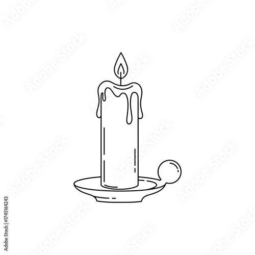 Candle vector illustration in simple black outline, burning candle with melted wax on tray, minimal design