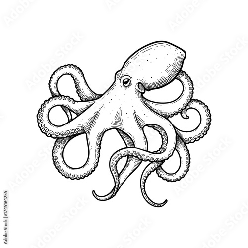Octopus vector illustration in detailed black outline, eight tentacles and body, creative marine drawing