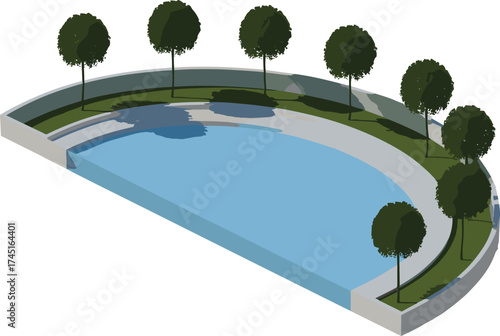 Isometric 3d illustration of curved swimming pool with clear blue water, minimal trees, modern landscape design, outdoor relaxation area