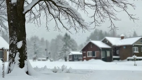 Experience the quiet, serene beauty of a peaceful neighborhood completely covered in fresh snow, featuring charming houses nestled in a blanket of white under a cold