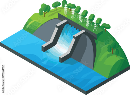 Isometric 3d illustration of hydroelectric dam with flowing water, green landscape, power lines, renewable energy generation, environmental engineering concept