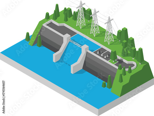 Isometric 3d illustration of hydroelectric dam with flowing water, green landscape, power lines, renewable energy generation, environmental engineering concept