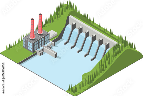 Isometric 3d illustration of hydroelectric power plant with dam, flowing water, green hills, renewable energy concept, modern engineering design