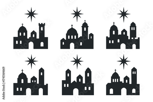 Silhouette of religious buildings and stars for festive designs. Set of 6 black Christmas icons