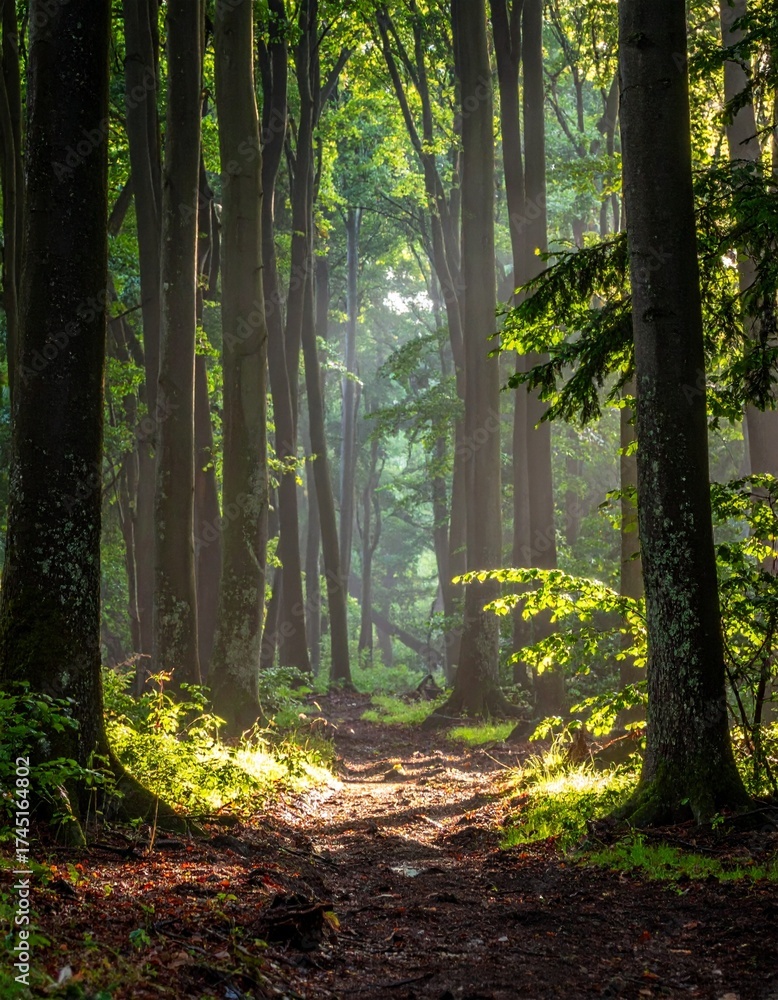 Obraz premium Forest with patches of bare soil between tree trunks after recent light rain in early summer morning