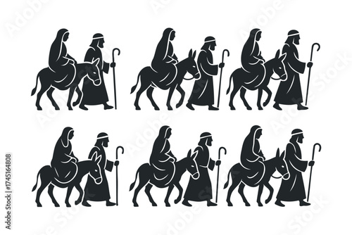 Travelers with animals in biblical times for worship. Set of 6 black Christmas icons