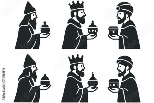 Wise men presenting gifts at a historic celebration event. Set of 6 black Christmas icons