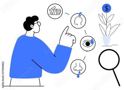 Person pointing at interconnected symbols for smell, sight, thought, and emotion next to plant and magnifying glass. Ideal for decision-making, options evaluation, problem-solving, sensory input
