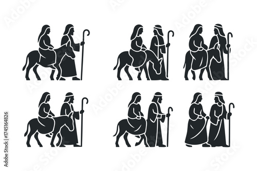 Journey of travelers and shepherds on horseback through ancient lands. Set of 6 black Christmas icons