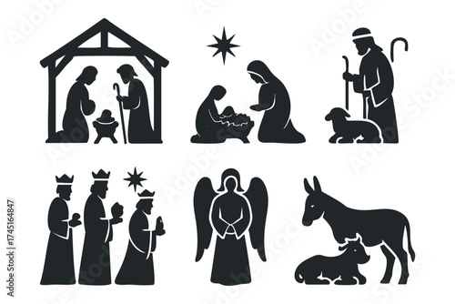 Nativity scene elements for Christmas celebrations and decorations. Set of 6 black Christmas icons