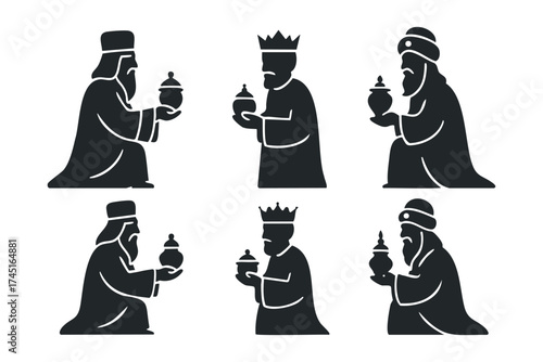 Three wise men presenting gifts for celebration. Set of 6 black Christmas icons