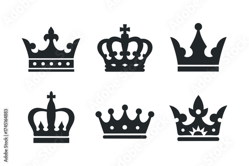 Different types of crowns for royal themes and designs. Set of 6 black Christmas icons
