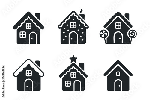 Whimsical gingerbread houses for holiday festivities and decorations. Set of 6 black Christmas icons