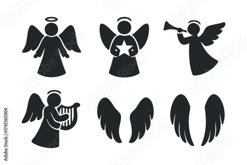 Angelic figures with wings and instruments for celebration. Set of 6 black Christmas icons