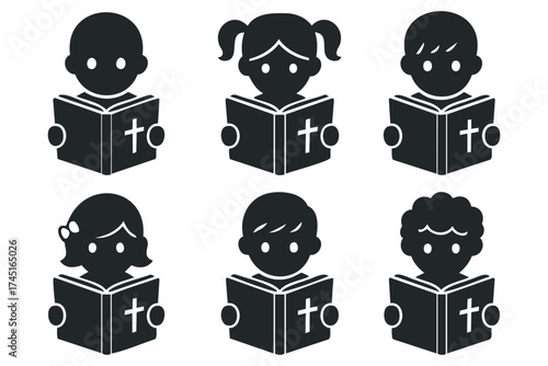 Kids reading books with crosses for religious education. Set of 6 black Christmas icons