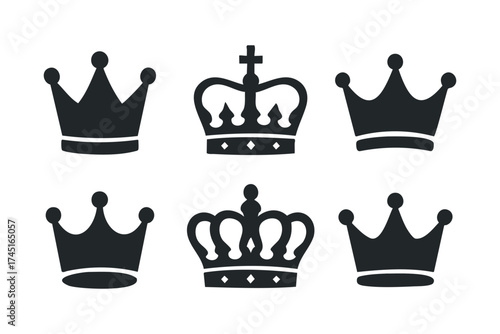 Collection of elegant crowns for royal themes and designs. Set of 6 black Christmas icons