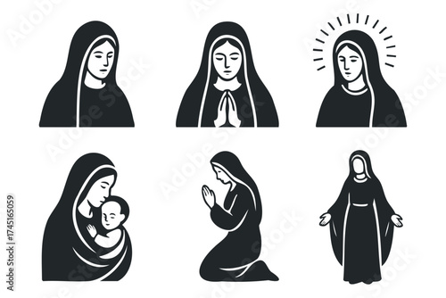 Various depictions of a serene mother figure in prayer and devotion. Set of 6 black Christmas icons