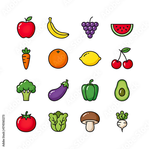 Colorful Fruits and Vegetables Vector Icons Set on White Background