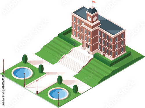 Isometric 3d illustration of university building with clock tower, green landscape, stairs, fountains, architecture design, educational campus concept, sunlight